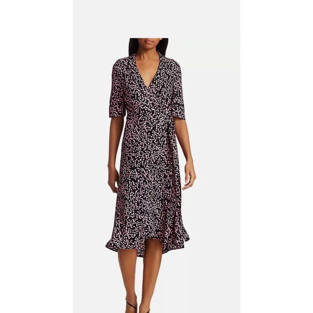 GANNI Dress Women's 36 US 4 Black Pink Floral Ruffle Wrap Dress